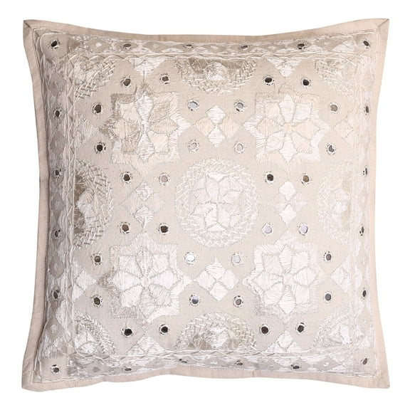 Stylo Culture Ethnic Couch Throw Pillow Cover 16x16 Embroidered Off White Bohemian 40cm x 40cm Living Room Toss Pillow Case Cotton Mirrored Square Cushion Cover | 1 Pc