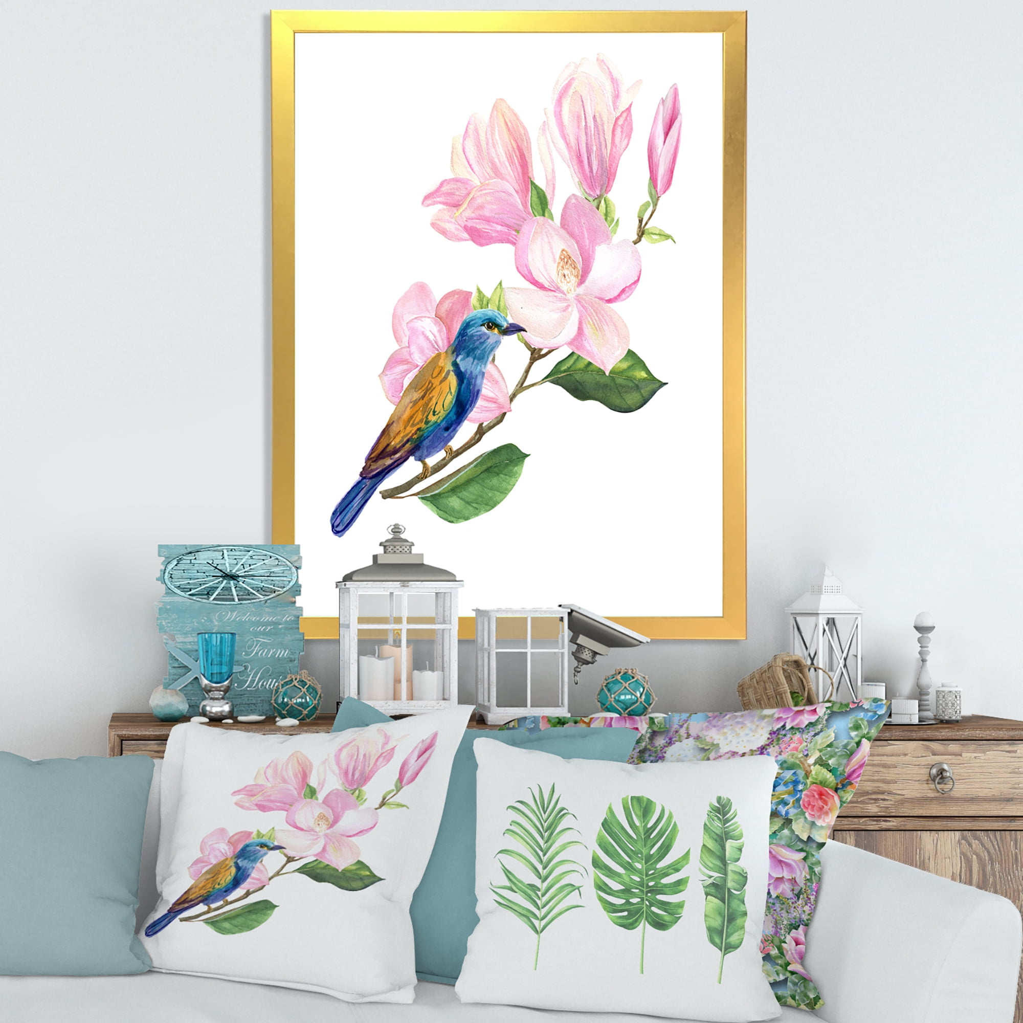 Designart 'Blue Bird Sitting On A Pink Magnolia' Traditional Framed Art Print