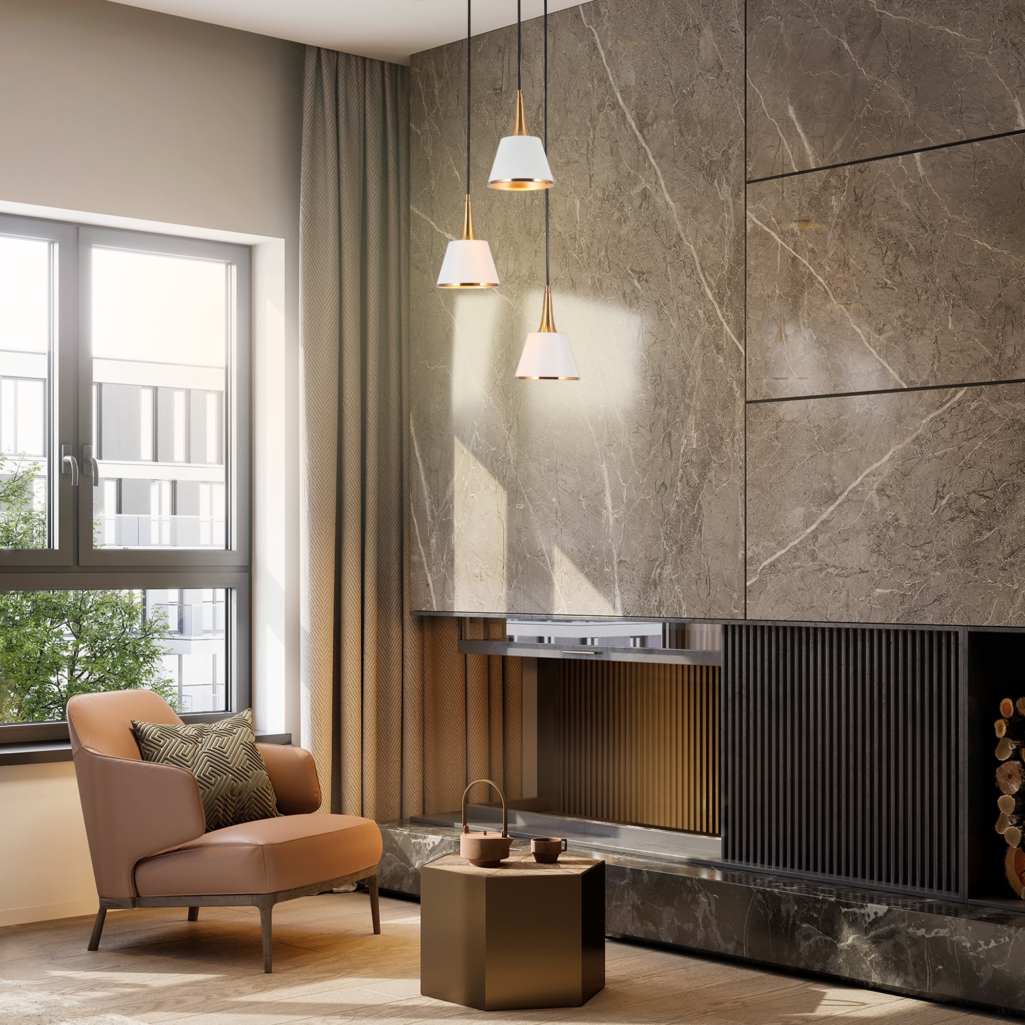 LNC Modern 3-Light Pendant Chandelier with White and Golds, Adjustable Hanging Fixture