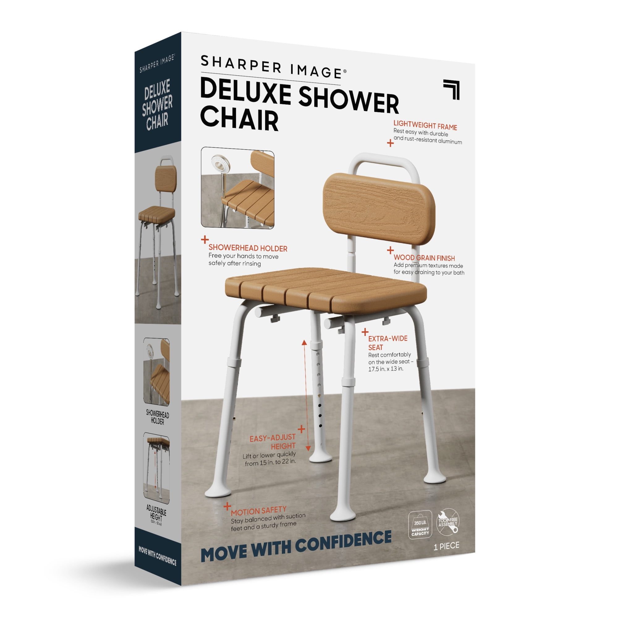 Sharper Image® Deluxe Shower Chair with Back, 350 lb Capacity, Wood Grain Finish, Adjustable Height