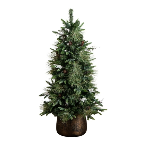 Nearly Natural 4ft. Pre-Lit Artificial Mixed Pine Snowed Christmas Tree with Pinecones in Decorative Planter with 60 Warm White LED Lights