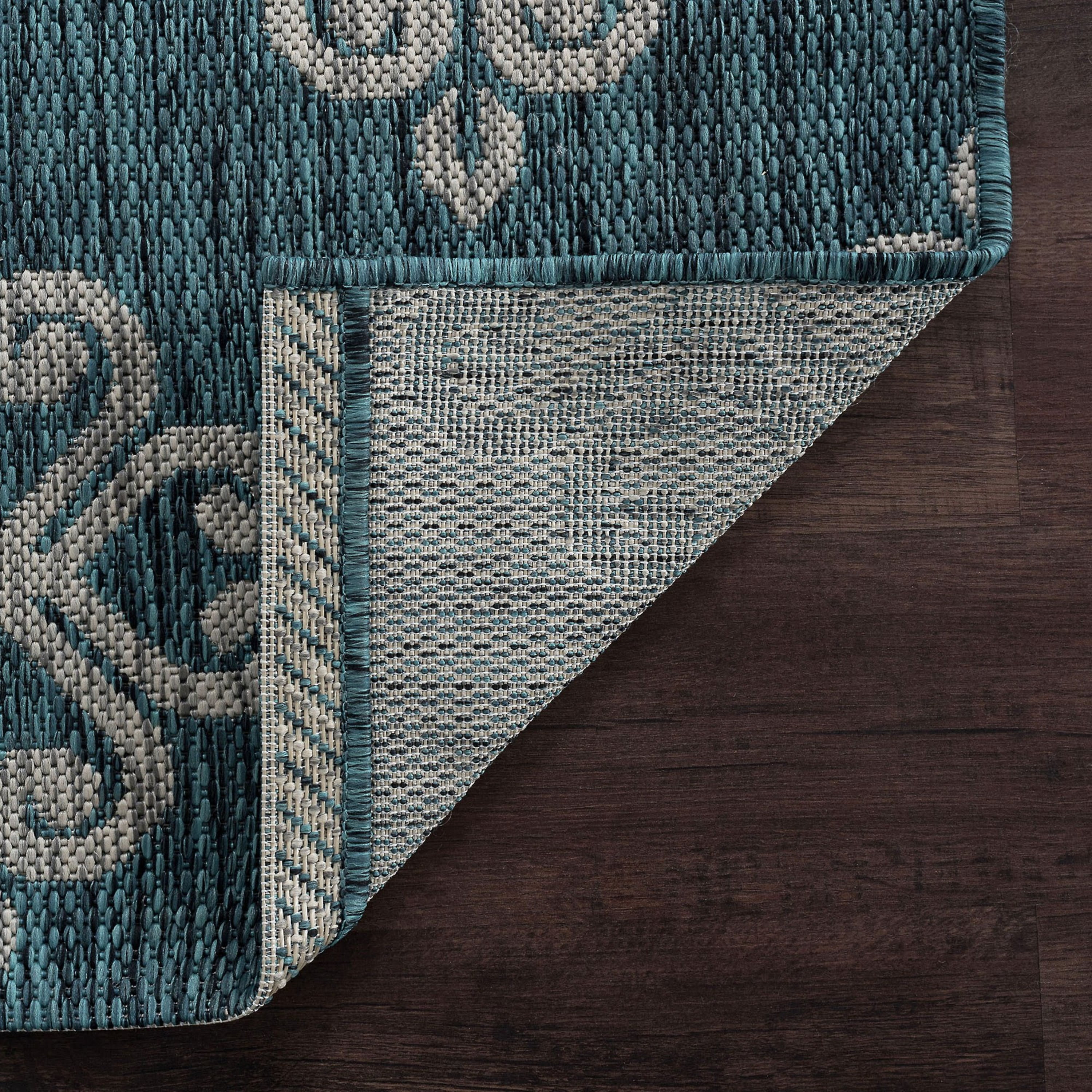 Bliss Rugs Damask Large Indoor Outdoor Area Rug for Patio, Porch, Garden | Teal - Light Gray, 7'10''x10'3''