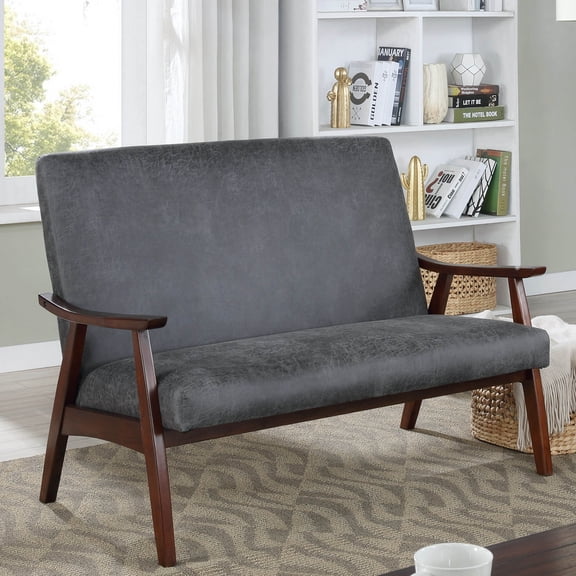 Balf Upholstered Faux Leather Loveseat Bench, Dark Gray