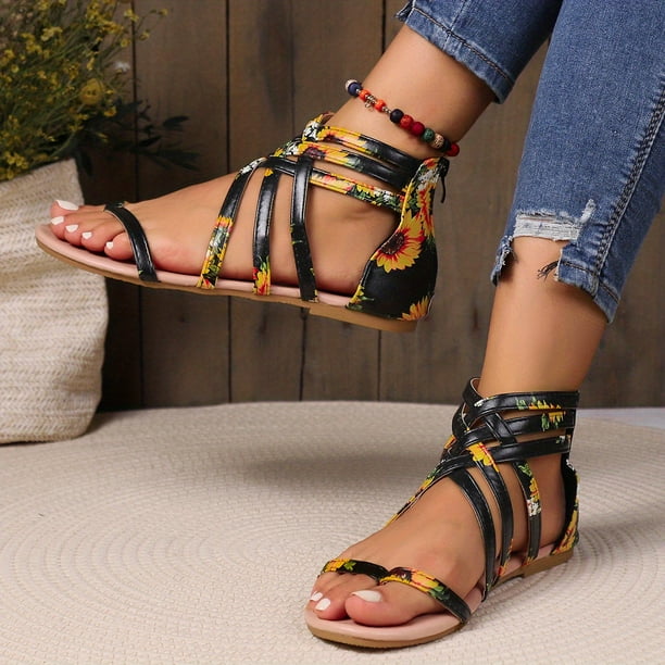 Sandalias planas con puntera dividida y estampado de girasol para mujer - Correa cruzada y cremallera en la parte posterior para un estilo casual de playa de verano