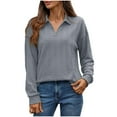 thumbnail image 2 of Uootdi Women's Long Sleeve Trendy Lapel Half Shirts Casual Polo V Neck Ribbed Knit Blouses Loose Fit Gift Tunic Tops Fall, 2 of 4