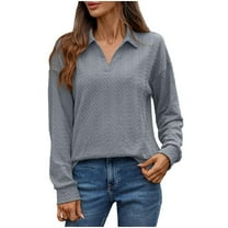 Olyvenn Women's Button Collared Shirts Long Sleeve Casual Loose Fit Plain Knit Golf Tshirts Fall Lightweight V-Neck Sports Work Trendy Tees Gray XL