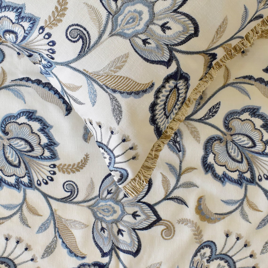 The HomeCentric King / Queen / Twin Blue Designer King 90"x18" Bed Runner With 2 Pillow Cover, Floral, Embroidered, Jute Lace & Lace Bed Scarf on Cotton fabric - Morning Glories