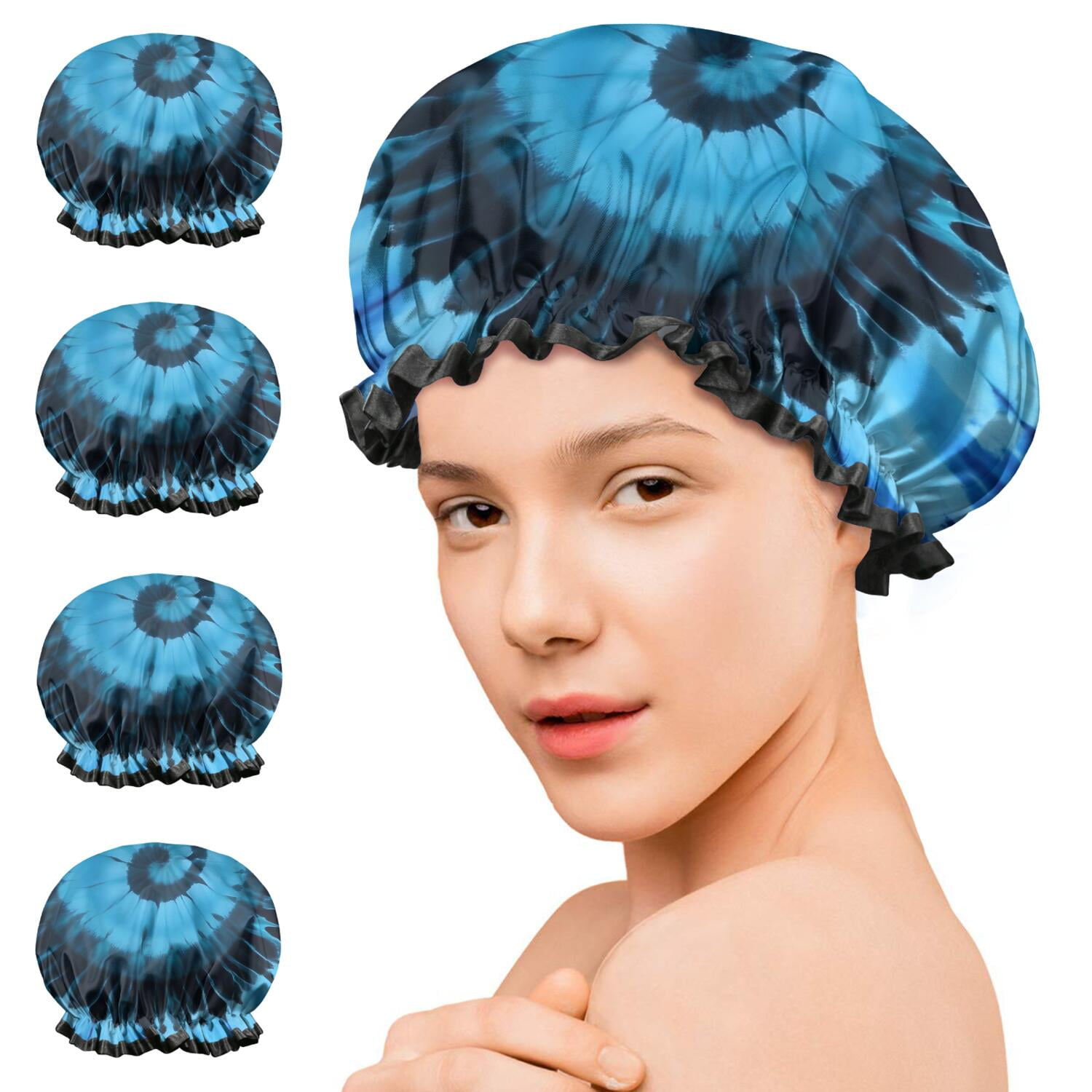 Shower Caps,Blue Tie Dye Mandala Pattern Waterproof Shower Cap for Women 4 Pieces,Double Reusable Hair Cover for Shower PEVA Elastic Stretch Hem