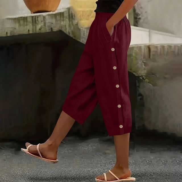 TaTaai Women's Casual 7/8 Length Pants Straight Leg Linen-Like Fabric with Elastic Waistband Side Pockets and Decorative Buttons for Spring Summer Outfits Gift