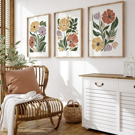 UNFFRAMED Botanical Art Prints Set, Flowers Wall Decor, Floral Boho Art, Eclectic Wall Art, Flower Market Poster, Aesthetic Room Wall Set Of 3 Set 3 Prints 12x18