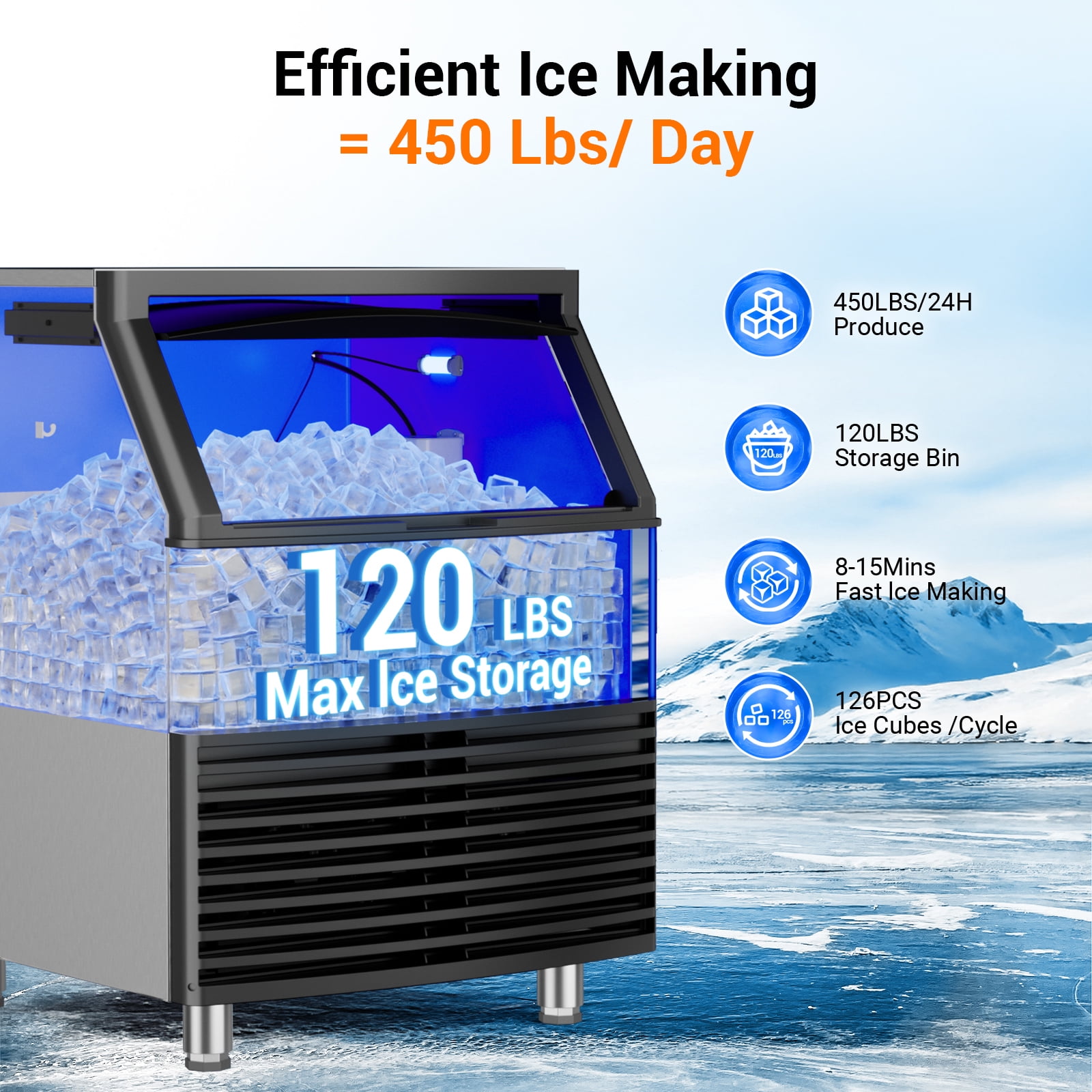 Joreek Commercial Ice Maker, 450Lbs/24H Under Counter Ice Maker Machine, 120Lbs Storage Bin, Adjustable Thickness Settings, Self-Cleaning, Ideal for Home Bar Cafe Restaurants