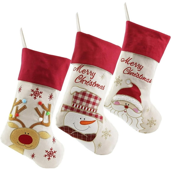 Bstaofy Lovely Christmas Stockings Set of 3 Santa, Snowman, Reindeer, Xmas Character 3D Plush Linen Hanging Tag Knit Border (1)
