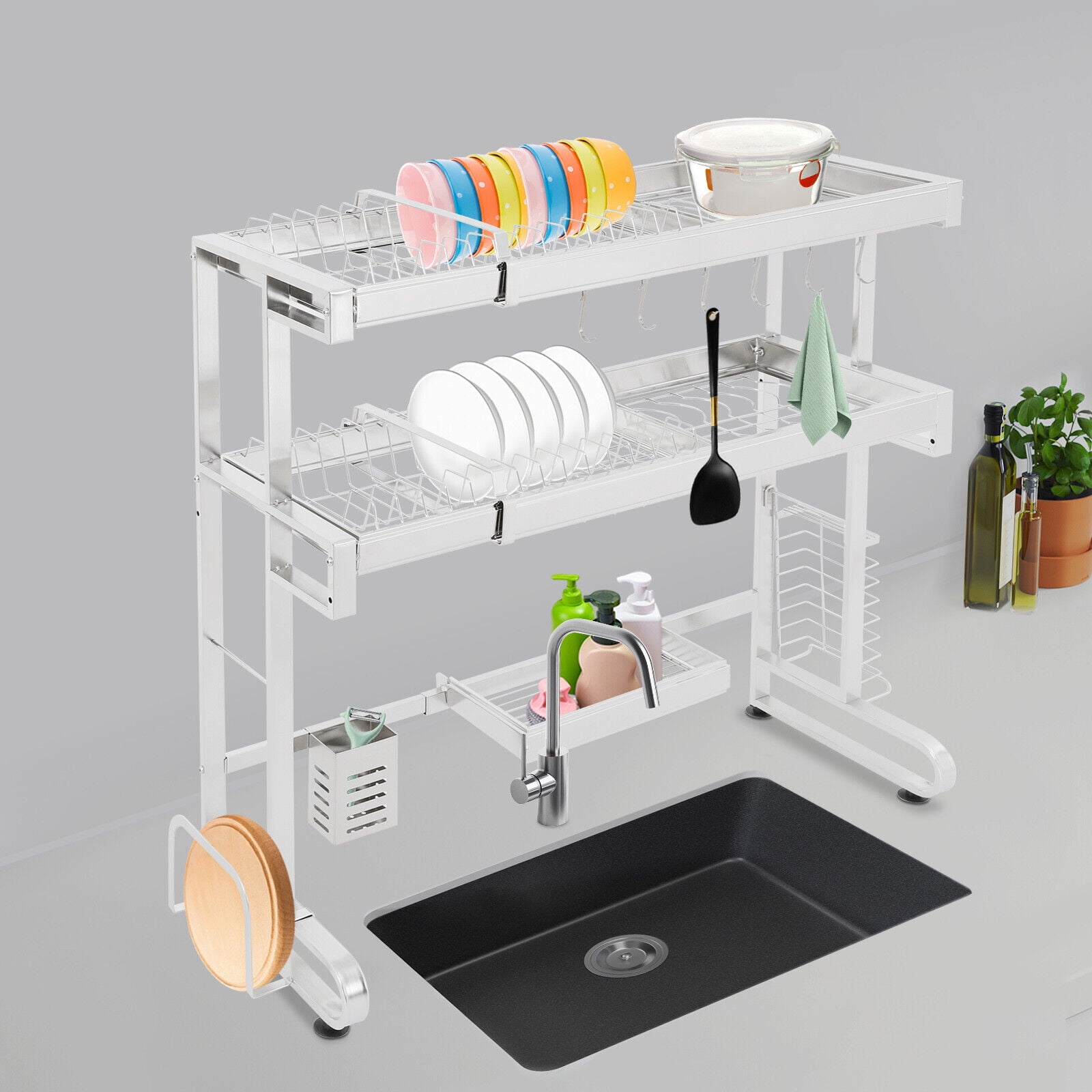 2-Tier Dish Drying Rack Over Sink Dish Drying Rack, Stainless Steel Expandable Over Kitchen Sink
