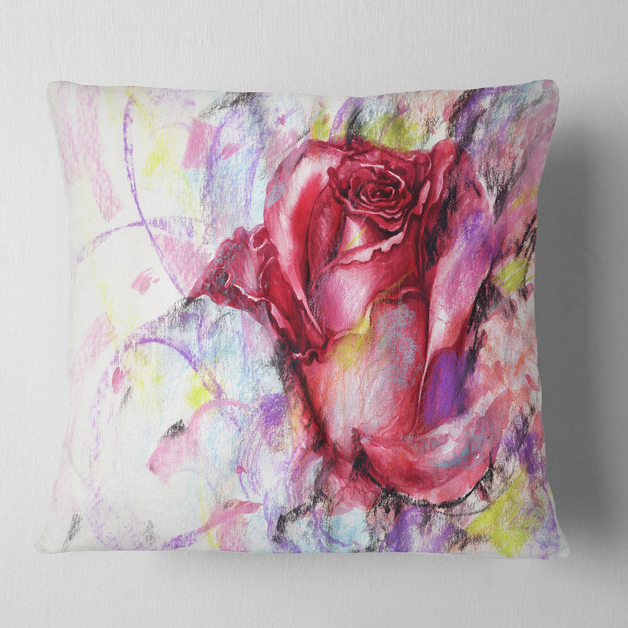 Designart Red Rose Illustration - Floral Throw Pillow - 18x18