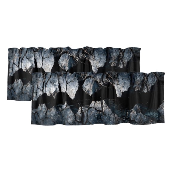 Abstract Crack 2 Panels Kitchen Valance, Black Gray Cracked Earth Texture Earthly Fissure Curtains Valances for Small Windows Rod Pocket Window Treatments for Living Room Bedroom 42"W x 18"L
