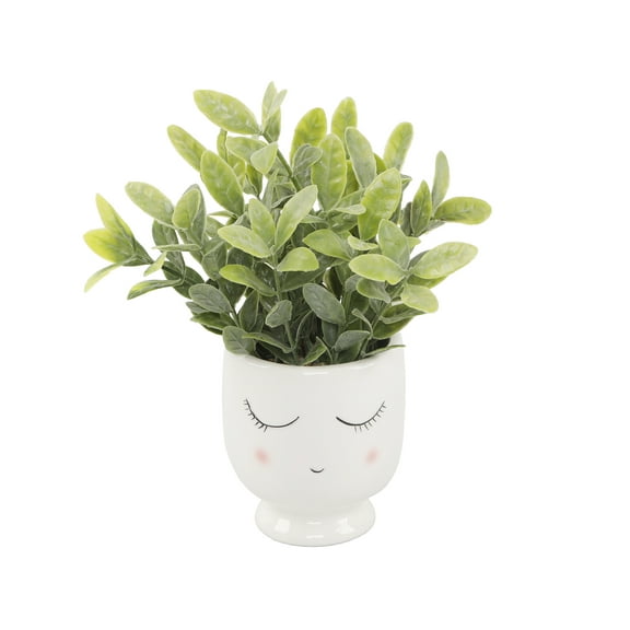 Mainstays Tabletop Artificial Faux Tea Leaf Plant in White Ceramic Shy Girl Pot, 3"