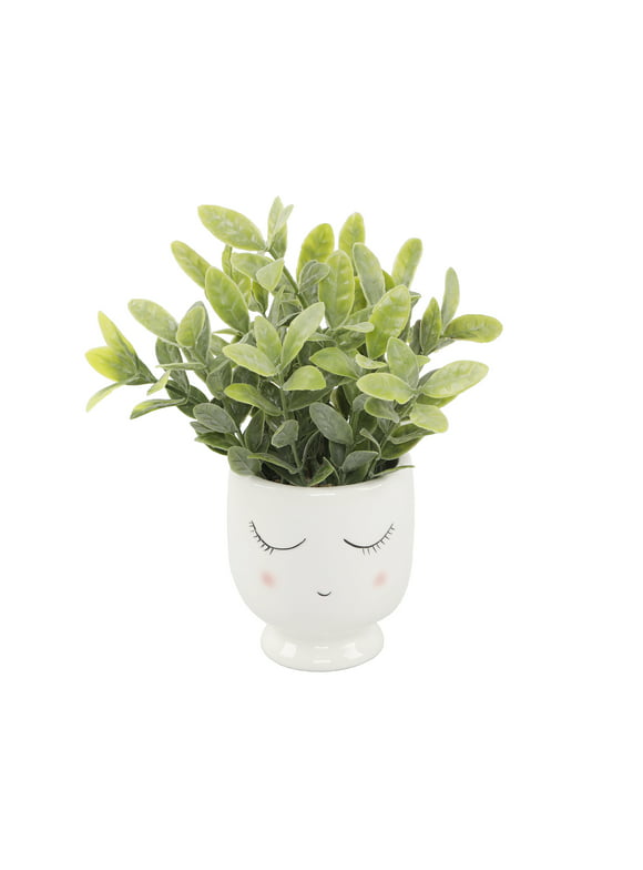 Mainstays 3" Tabletop Artificial Faux Tea Leaf Plant in Ceramic Shy Girl Pot, White