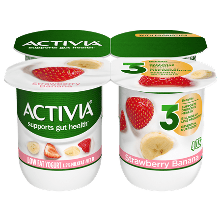 Activia Strawberry Banana Low-Fat Yogurt Pack, 16oz, 4 Count, Refrigerated Plastic Cup