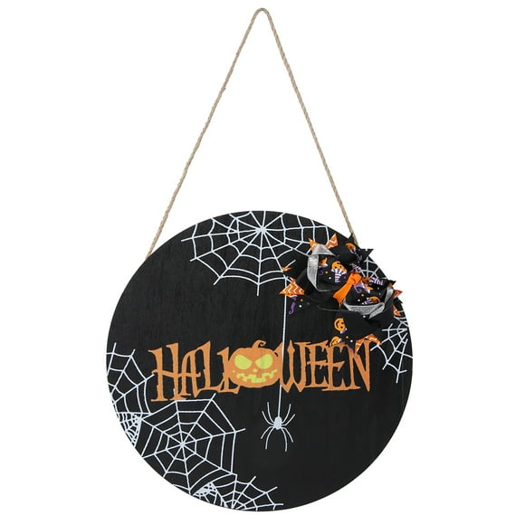 Spider Web Pattern Welcome Sign Wooden Hanging Door Hanger for Halloween Family Gathering BlackBowknot Included