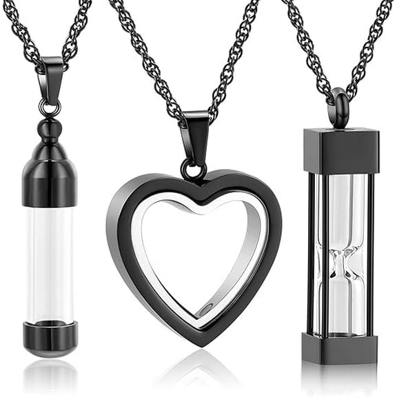 3 Pieces Cremation Urn Necklace for Ashes Glass Heart / Cylinder Ashes Necklace Urn Stainless Steel Waterproof Memorial Pendant