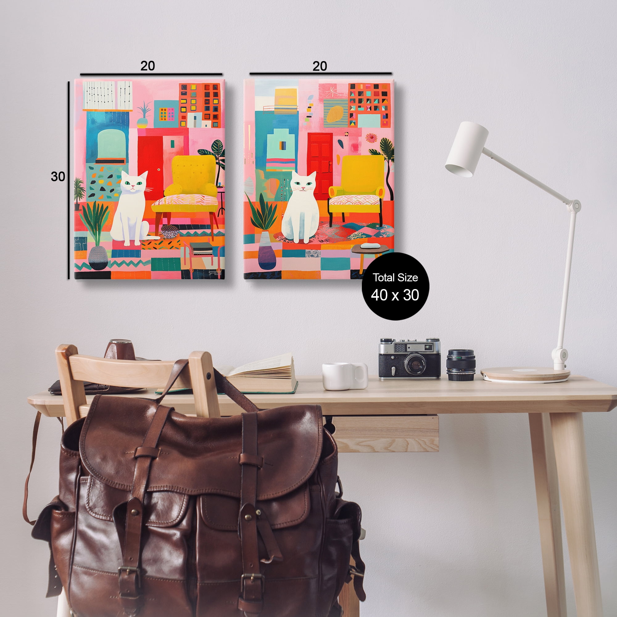 Stupell Industries Bright Room Sitting Cat Furniture Painting Wrapped Canvas Art Print Wall Art, 20 x 30, Set of 2
