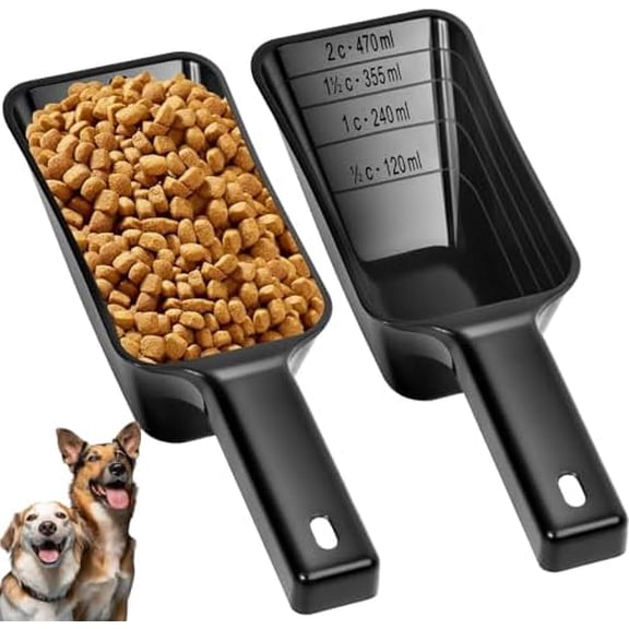 2 Cup Dog Food Scoop(2 Pack), Plastic Pet Food Scoop with Measuring Lines for Accurate Pet Food Portions,Dishwasher Safe (Black)
