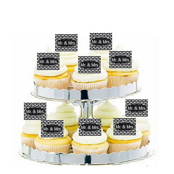 24pk Vintage Black Chalkboard Mr & Mrs Edible Cupcake Decoration Topper Picks
