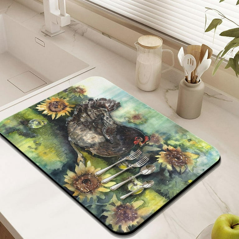 Floral Dish Drying Mat, Soft Rubber Draining Pad, Non-slip Super