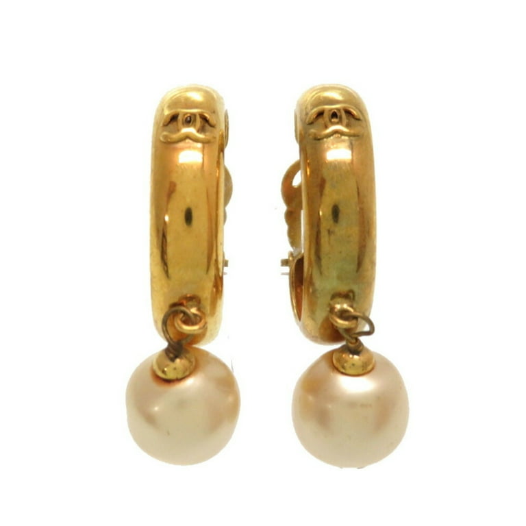 Pre-Owned Chanel Vintage Fake Pearl Loop Coco Mark 93P Gold Earrings  Accessories (Good) 