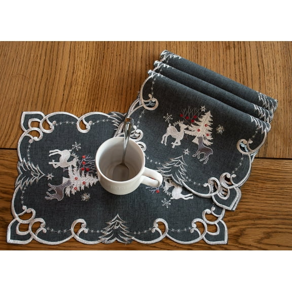 Embroidered Silver Reindeer on Dark Grey Placemats, Set of 4 (11" x 21")