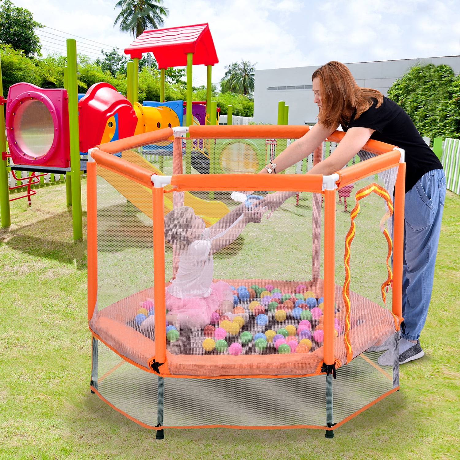 Kadyn 55" Toddlers Trampoline, Vinyl Jumping Trampoline with Safety Enclosure Net and Balls, Indoor Outdoor Mini Trampoline for Kids, Orange Kadyn 55" Toddlers Trampoline, Vinyl Jumping Trampoline with Safety Enclosure Net and Balls, Indoor Outdoor Mini Trampoline for Kids, Orange