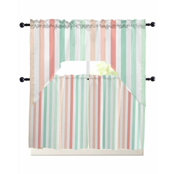 Coral Cyan Stripe Kitchen Curtains Sets 24 Inch Length with Valance, Geometric Grey White Vertical Striped Swag Valances and Tiers Curtain Set Drapes Swag Curtains for Living Room, Bathroom, Bedroom