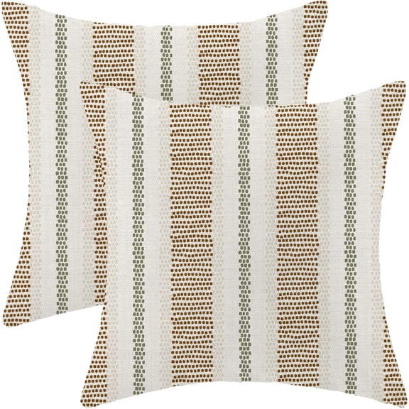 Brown Sage Green Outdoor Pillow Covers 18 x 18 Inch, Beige Polka Dots Stripe Decor Throw Pillows for Couch Bed, Boho Modern Farmhouse Decorative Pillowcase Linen Cushion Cover Set of 2