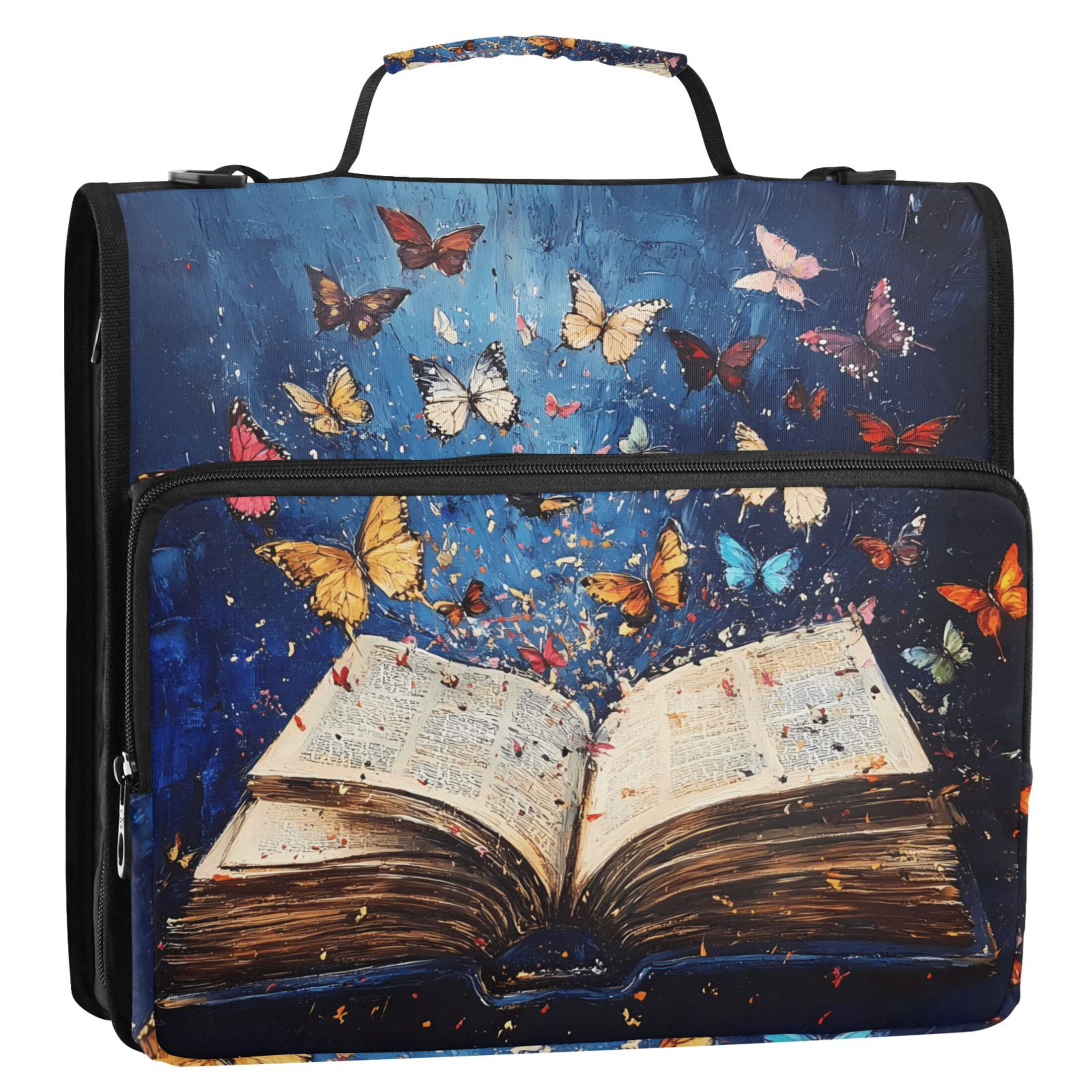 3 Ring Zipper Binder with Shoulder Strap Waterproof Trapper Keeper 2 Inch D-Ring 500 Sheets Capacity Colorful Butterflies Fly on Book
