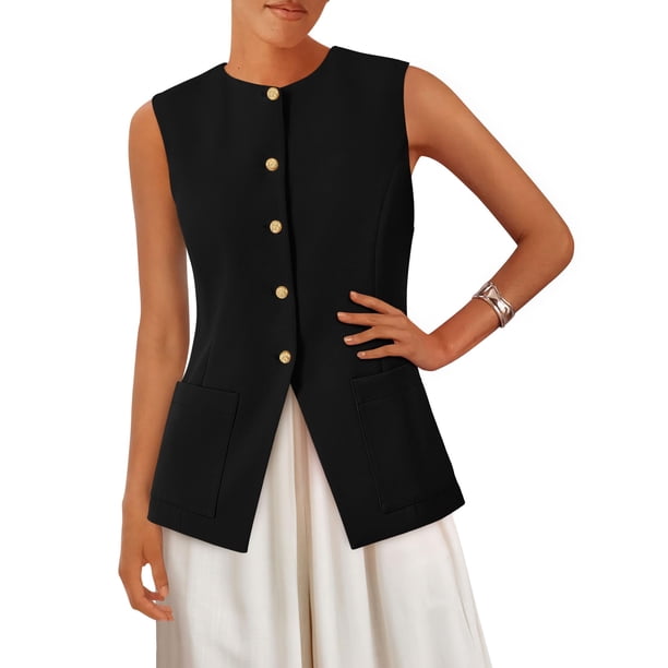 Chaleco Blazer PRETTYGARDEN para Mujer Sin Mangas con Botones Negro M