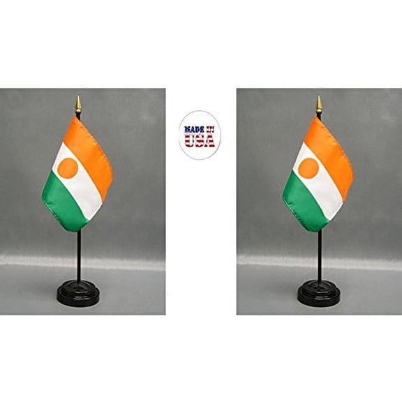 Made in The USA. 2 Niger Rayon 4"x6" Miniature Office Desk & Little Hand Waving Table Flags Includes 2 Flag Stands & 2 Small Mini Nigerien Stick Flags
