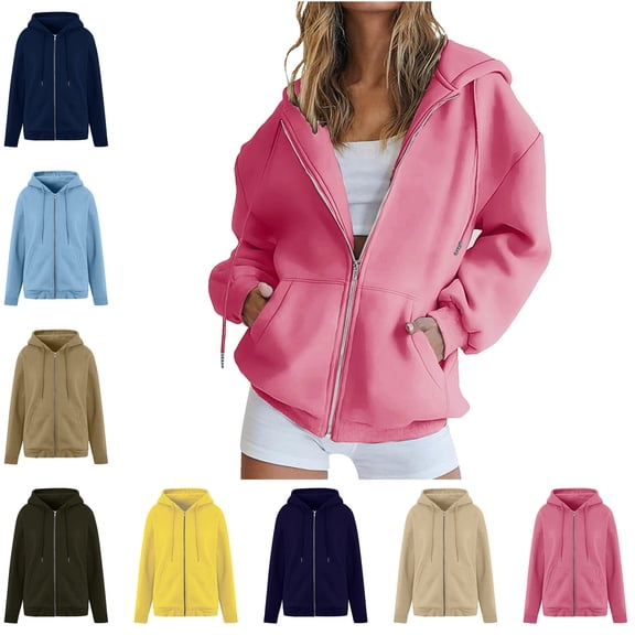 Danhjin Zip up Hoodies for Women Fall Winter Loose Sweatshirts Long Sleeve Comfy Soft Hooded Jackets Solid Color Fashion Outwear Coats