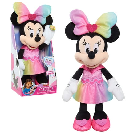 Disney Junior Minnie Mouse Sparkle and Sing Minnie Mouse, Large 13 Inch Feature Plush with Lights and Sounds Baby and Toddler Toys