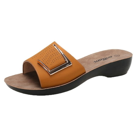 

Ladies Summer Fashion Casual Solid Colour Hollow Metal Decoration Soft Bottom Slope With Large Size Sandals Slippers Womens Sandals