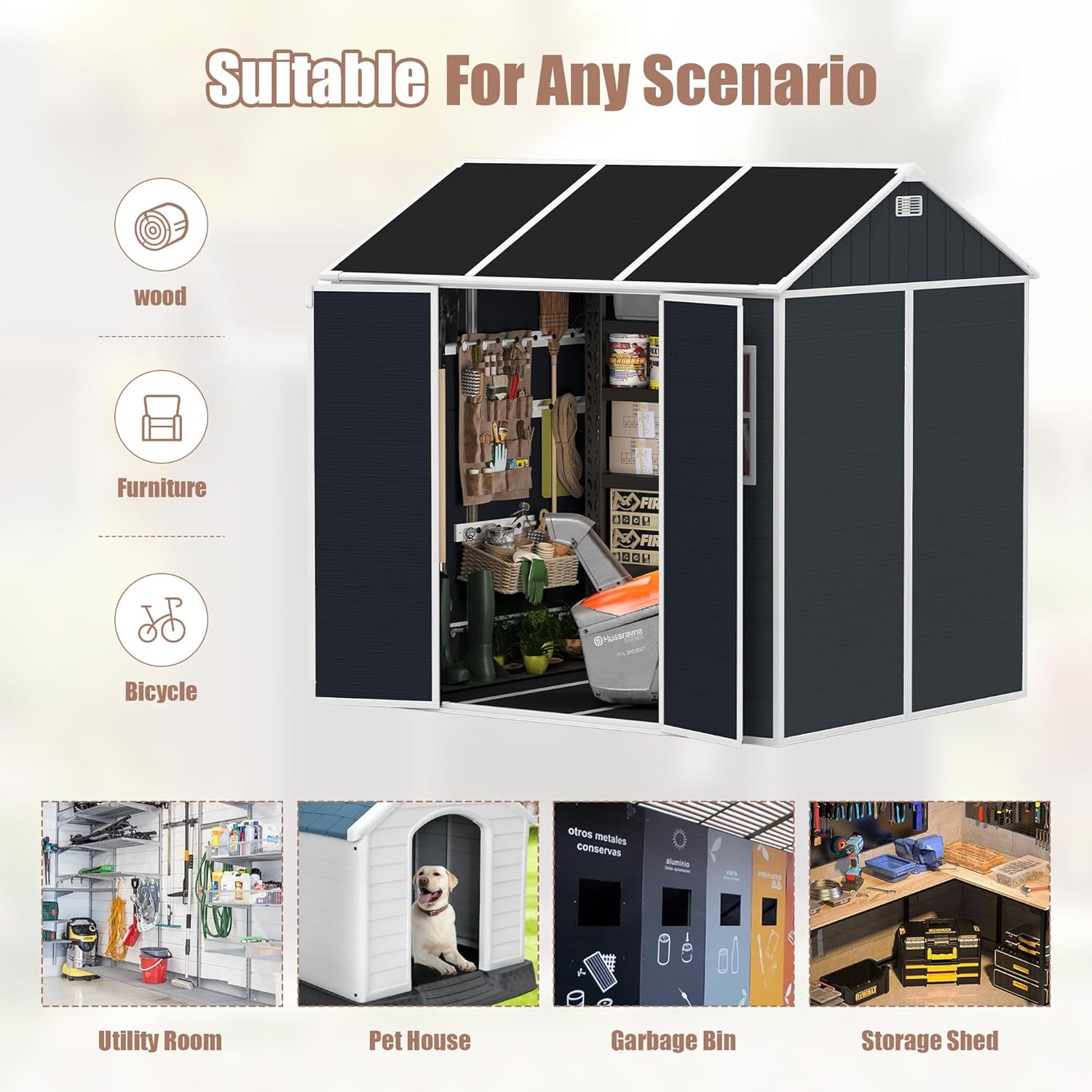 Outdoor Storage Shed 6x6 Ft, Resin Plastic Tool Shed with Lockable Door for Yard, Garden Shed Patio, Weatherproof, Grey & White
