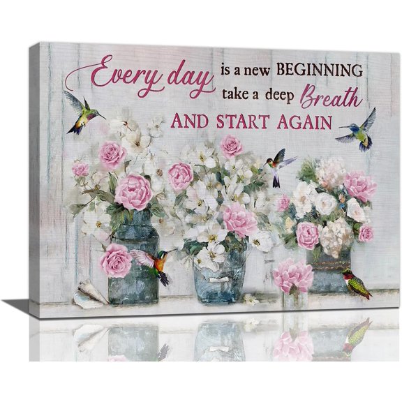Farmhouse Flower Bathroom Decor Wall Art Pink Rose Pictures Painting Rustic Floral Canvas Prints Everyday is a New Beginning Modern Artwork Home Decoration for Bathroom Bedroom Office