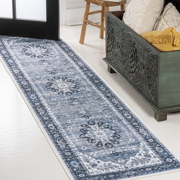 JONATHAN Y WASHABLE 2 x 8 Runner Rug, Asa Ornate Medallion - Blue/Cream, WSH108B-28