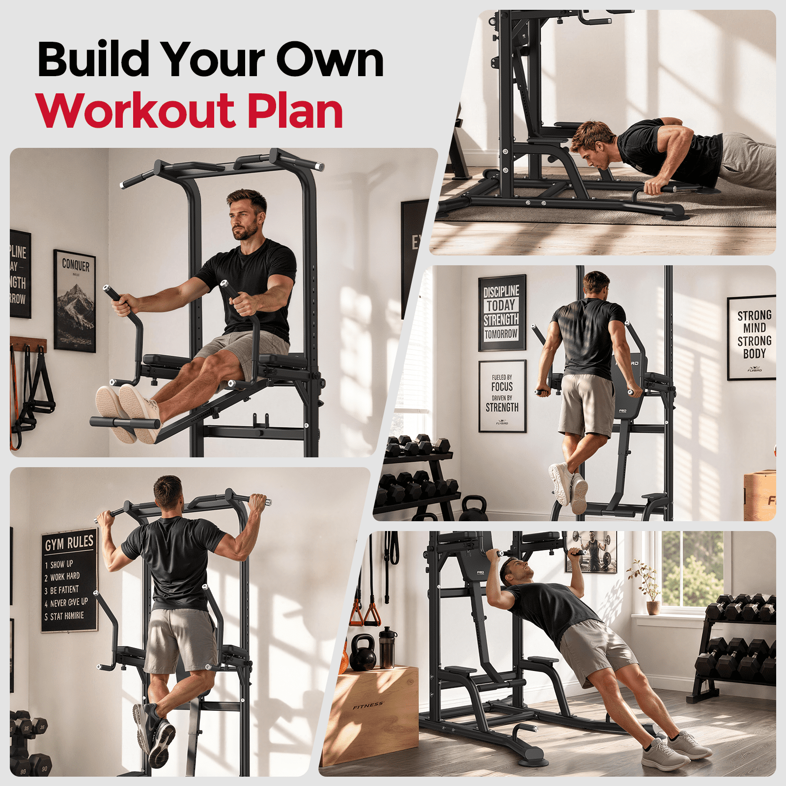 FED Fitness Sportsroyals Power Tower Pull Up Bar Station, Heavy Duty Dip Station with Adjustable Height, Multi-Function Pull Up Station for Home Gym Strength & Ab Workout, 800 LBS Capacity