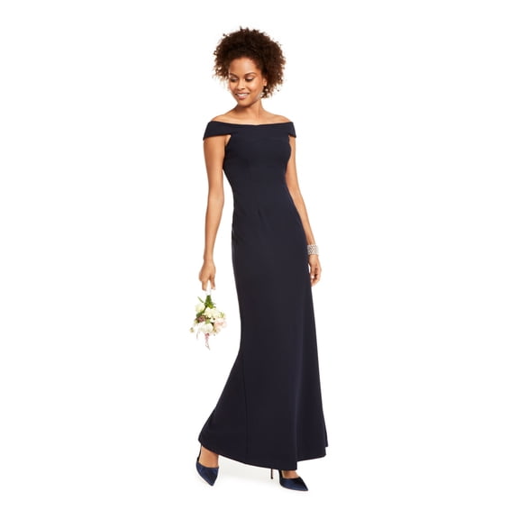 ADRIANNA PAPELL Womens Navy Slitted Cap Sleeve Off Shoulder Full-Length Formal Sheath Dress 2
