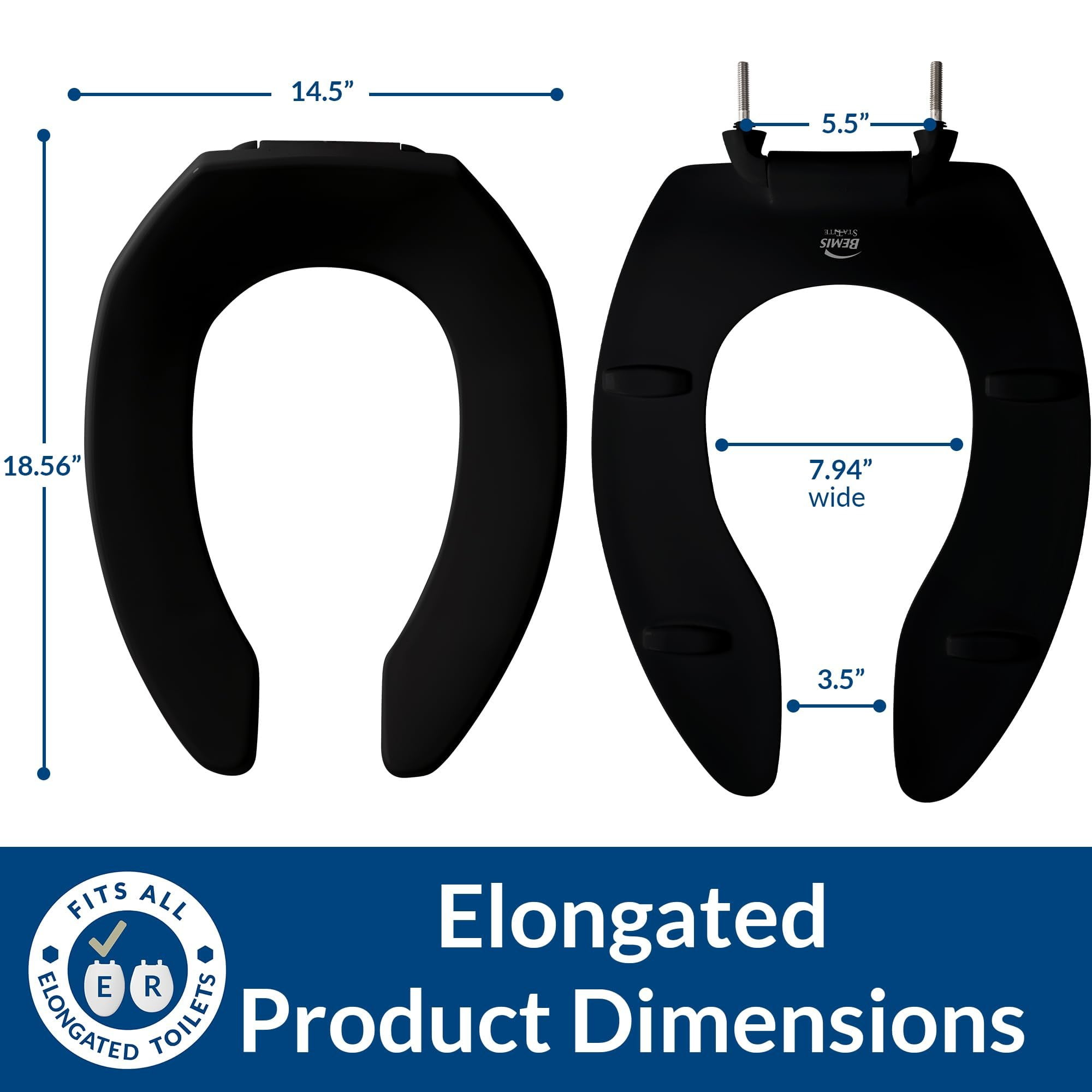 BEMIS 1955SSCT 047 Toilet Seat, Without Cover, Plastic, Elongated, Black