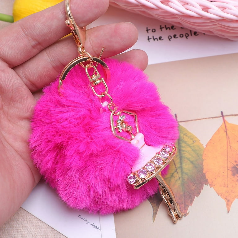 Lovely Crystal Ballet Girl Keychains Dancing Angel Fluffy Puff Ball Pendant  Fur Key Chain Car Styling Bag Jewelry Pompom Keyring (Pink)