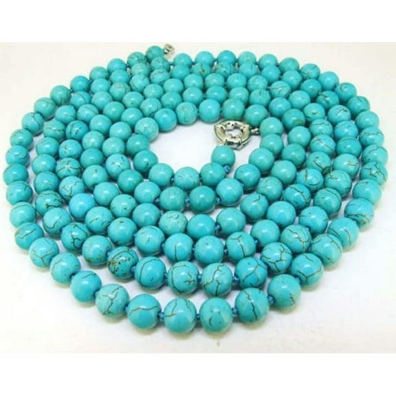 K-KED 50" 8mm Lariat Turquoise Necklace Round Gemstone Bead Necklace Fashion