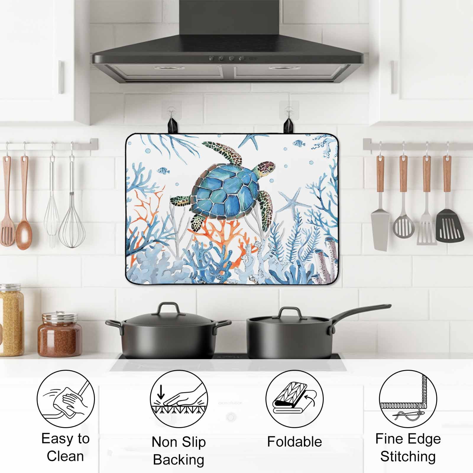 Sea Turtle Coastal Stove Top Cover for Electric Stove, Heat-proof & Non Slip Glass Top Stove Cover Protector, Nautical Summer Beach Coral Ocean Kitchen Flat Cooktop Rubber Mat 24x21 Inches