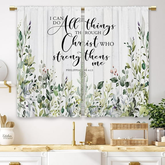 Sage Green Eucalyptus Leaves Kitchen Curtains Inspirational Botanical Floral Small Short Cafe Window Curtains Flower Wooden Bathroom Window Drapes Treatment Tier Curtains (27.5x39 Inch)
