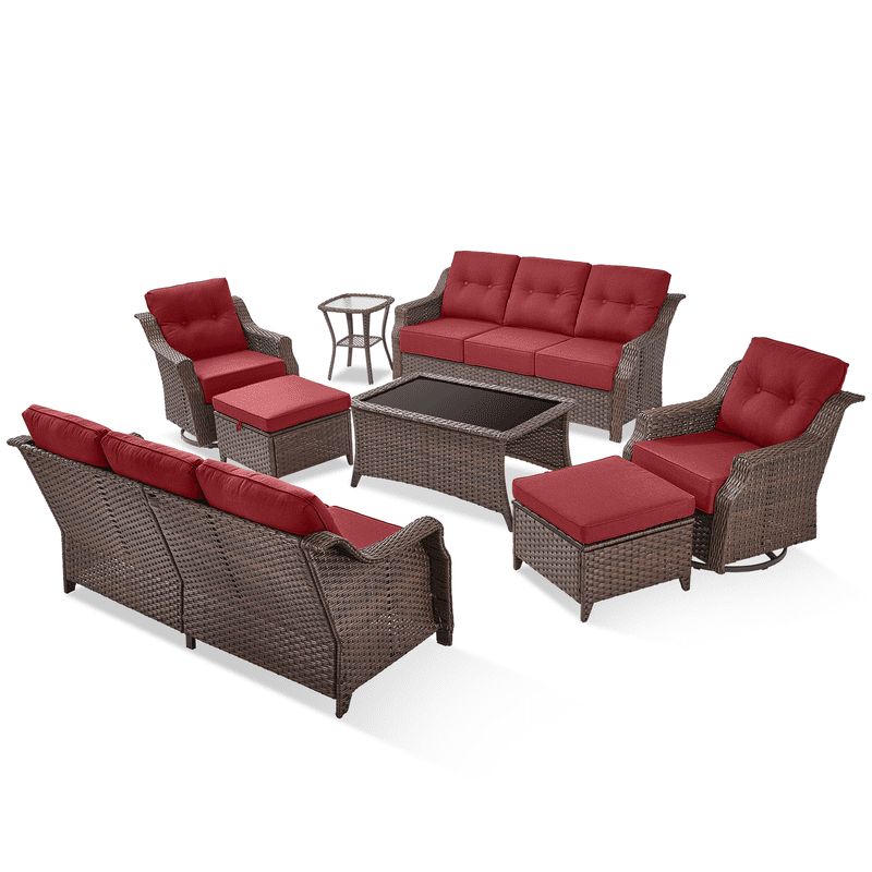 PARKWELL 8 Pieces Outdoor Patio Furniture Set,Luxury 6" Thick Conversation Set with Swivel Glider Chairs,All-Weather Seating Furniture Set for Backyard Deck, Brown/Red